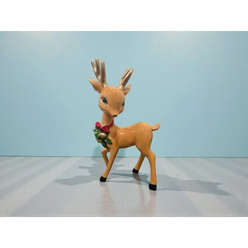 New Resin Brown Retro Christmas Reindeer Deer W/ Garland On Neck Figurine Decor